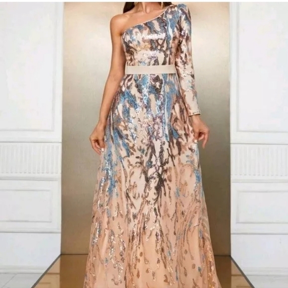 Multicolor,  Graphic Print,  Assymmetrical Neck,  Sequined Mermaid Gown - Picture 7 of 13